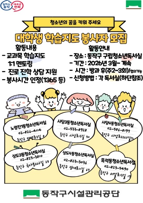 동작구 구립청소년독서실 이용률, 1년...